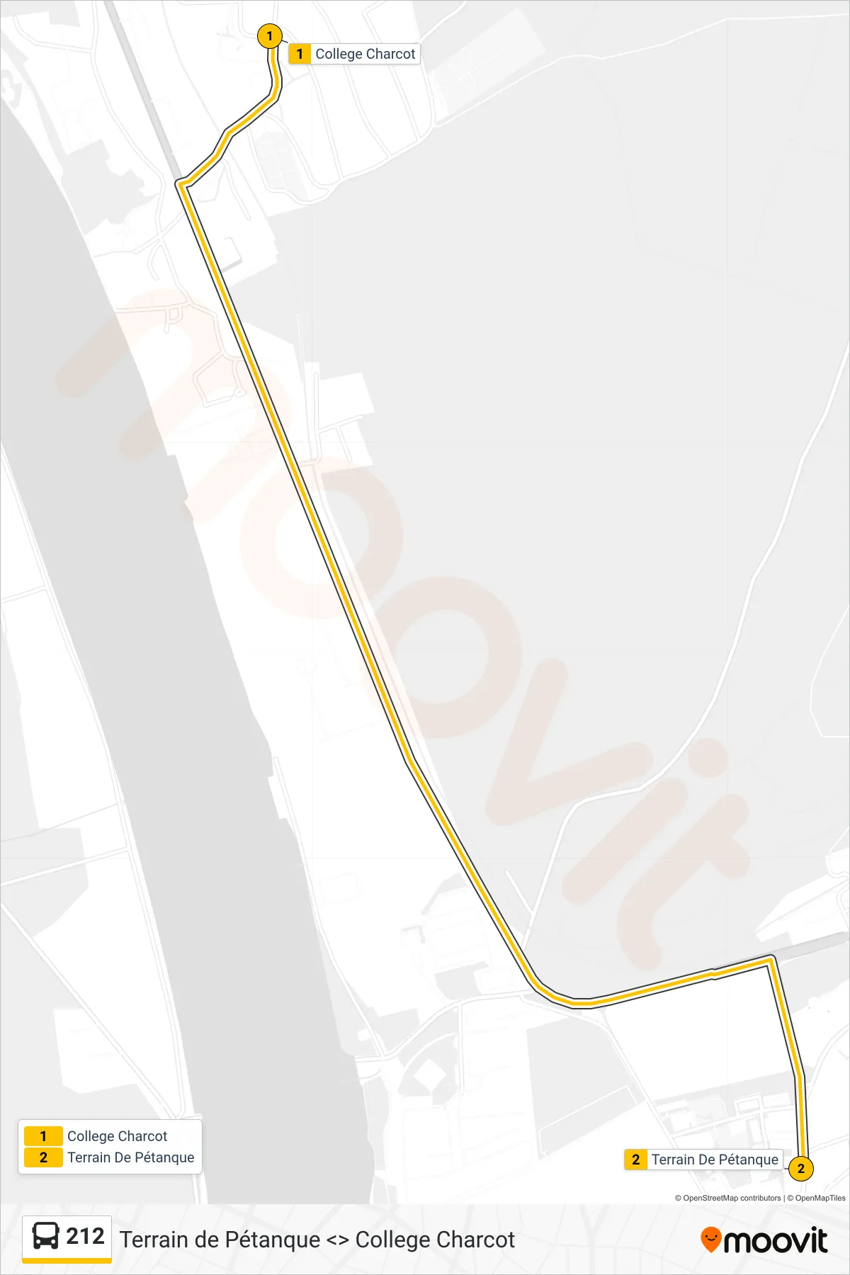 Tracé et arrêts de la ligne 212 de bus (Terrain De Pétanque Yainville) sur une carte