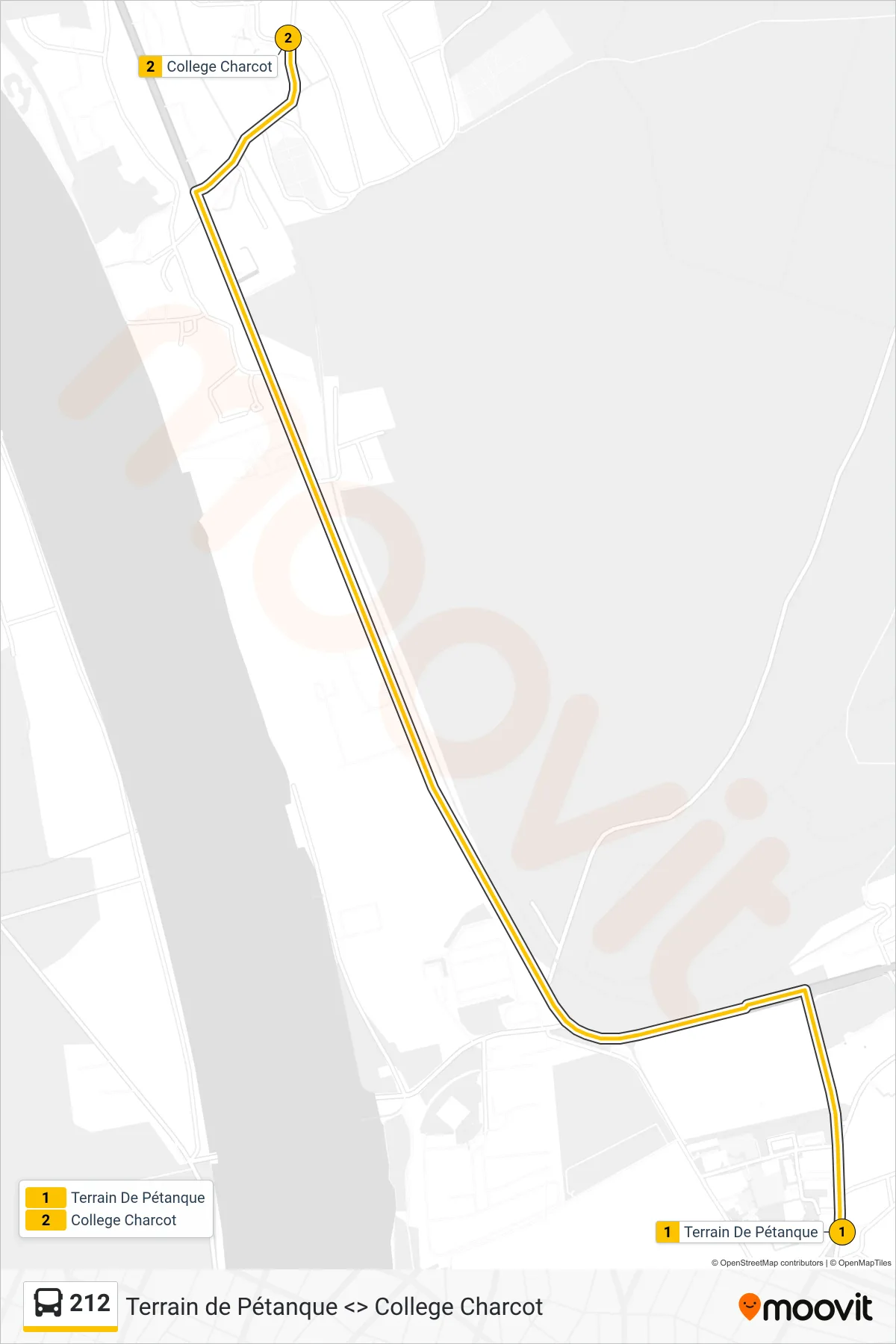 Tracé et arrêts de la ligne 212 de bus (College Charcot Le Trait) sur une carte