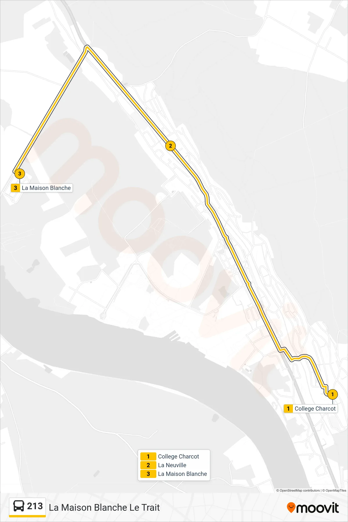 Tracé et arrêts de la ligne 213 de bus (La Maison Blanche Le Trait) sur une carte