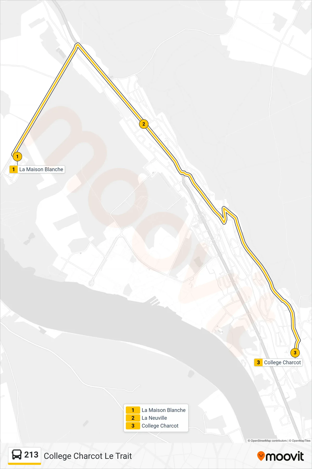 Tracé et arrêts de la ligne 213 de bus (College Charcot Le Trait) sur une carte