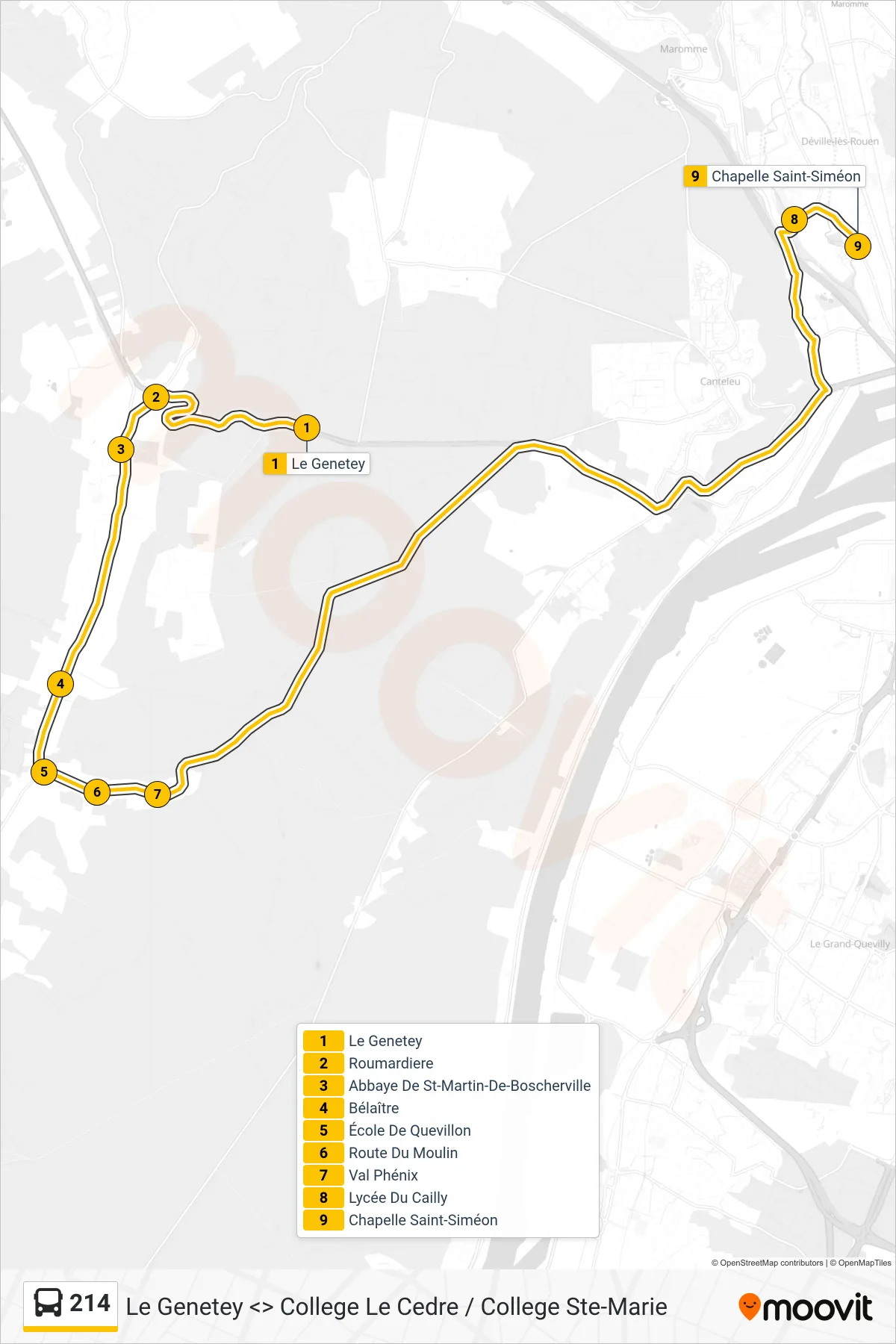 214 bus Line (Lycée Du Cailly Déville-Les-Rouen) route and stops on a map