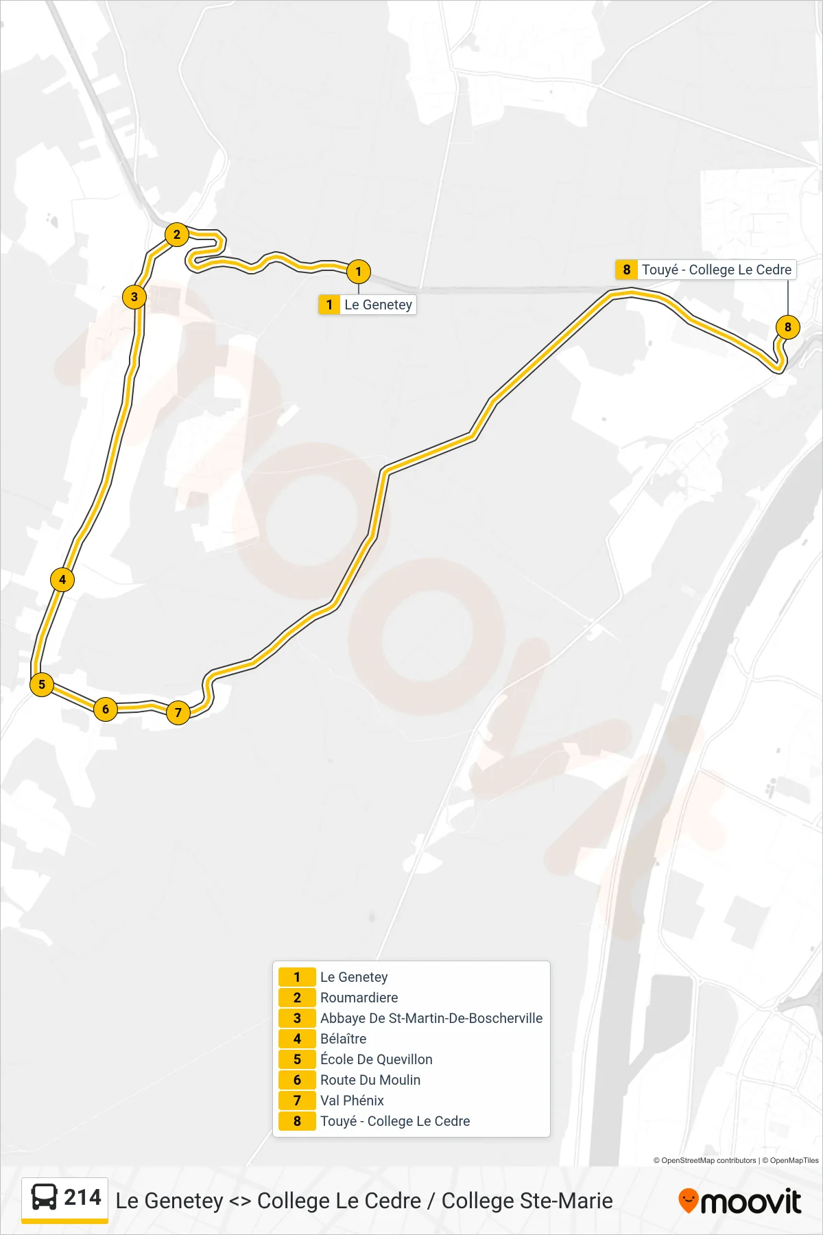 Tracé et arrêts de la ligne 214 de bus (College Le Cedre Canteleu) sur une carte