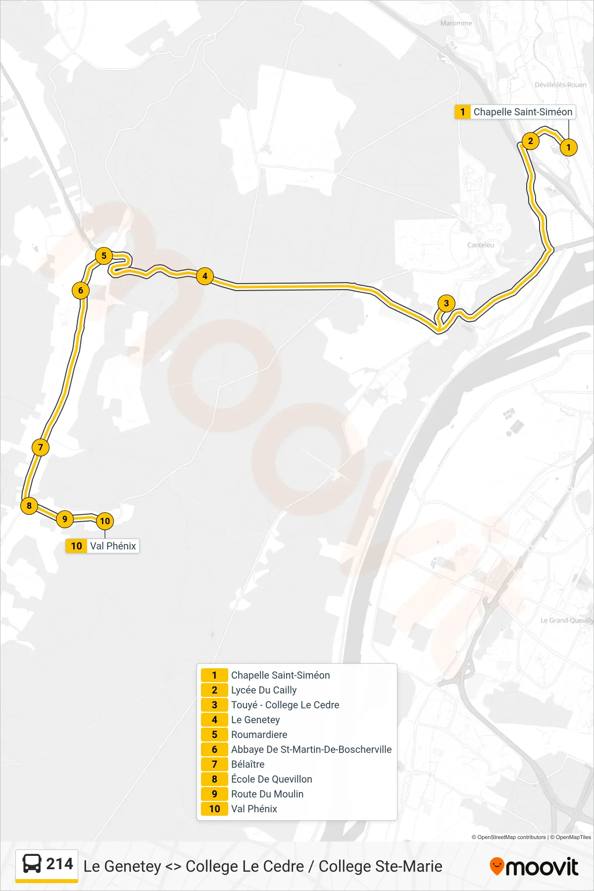 Tracé et arrêts de la ligne 214 de bus (Val Phénix Quevillon) sur une carte