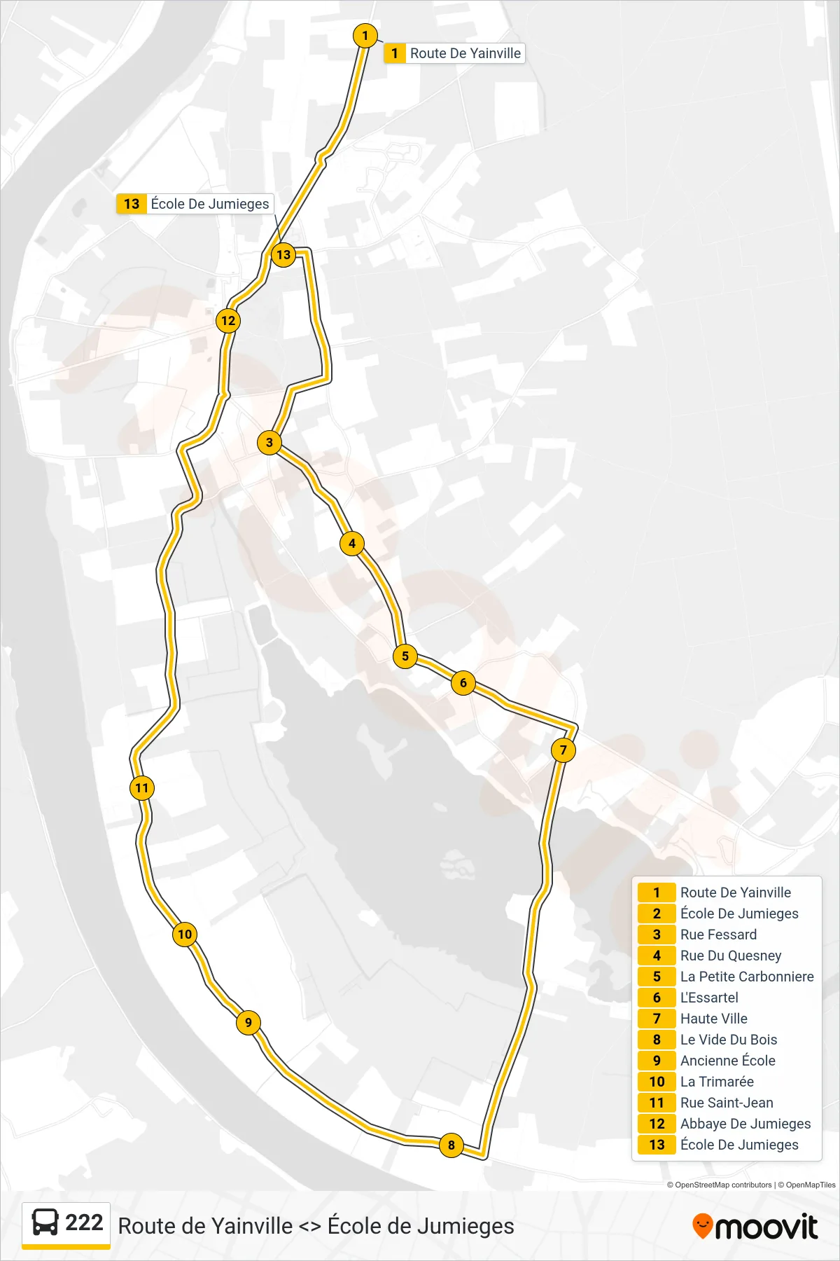 Tracé et arrêts de la ligne 222 de bus (École Jumieges) sur une carte