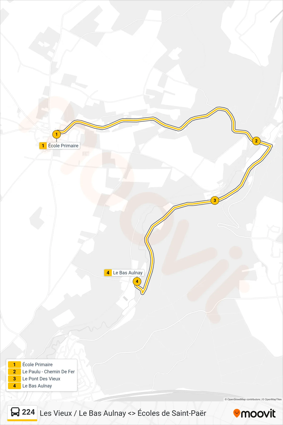 Tracé et arrêts de la ligne 224 de bus (Le Bas Aulnay Saint-Paër) sur une carte