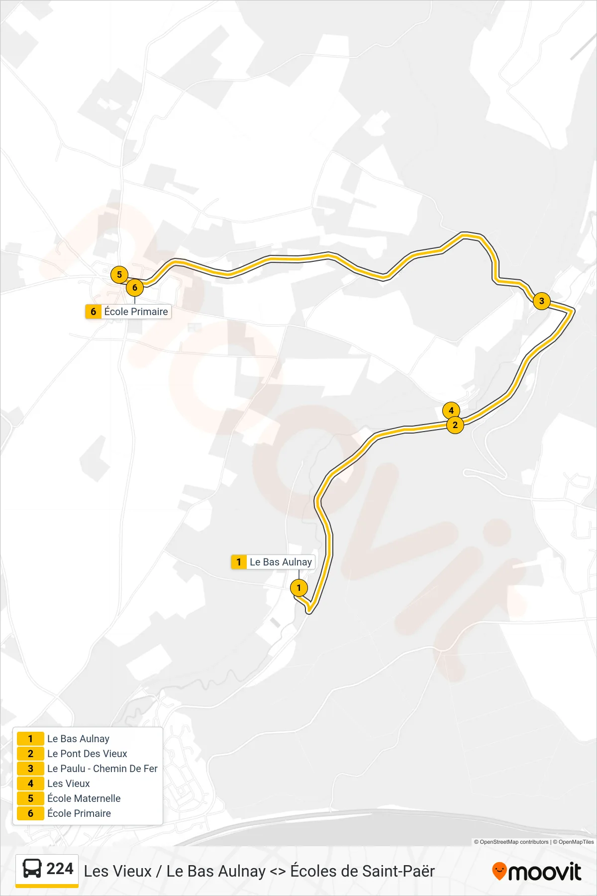 Tracé et arrêts de la ligne 224 de bus (École Primaire Saint-Paër) sur une carte