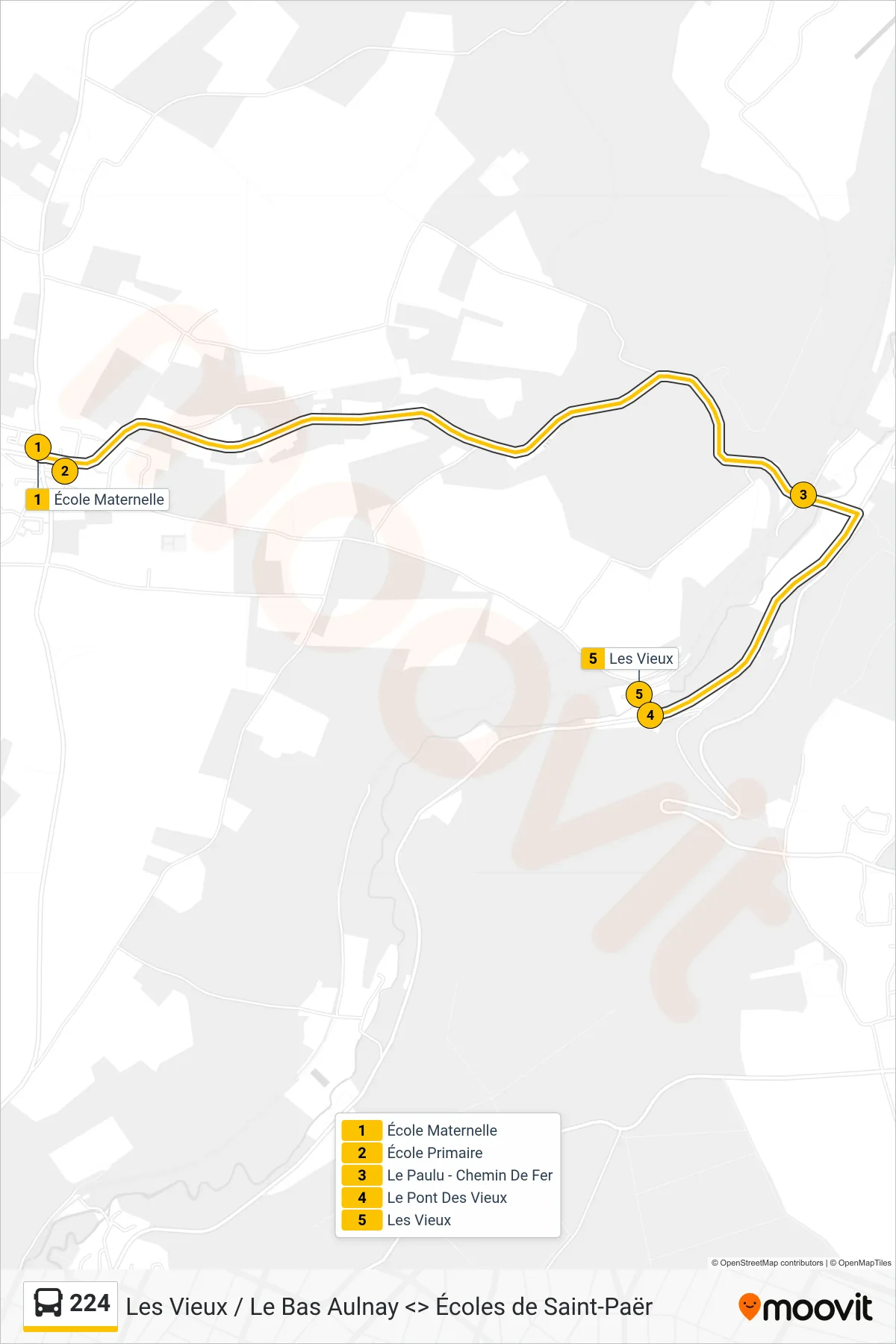 Tracé et arrêts de la ligne 224 de bus (Les Vieux Saint-Paër) sur une carte