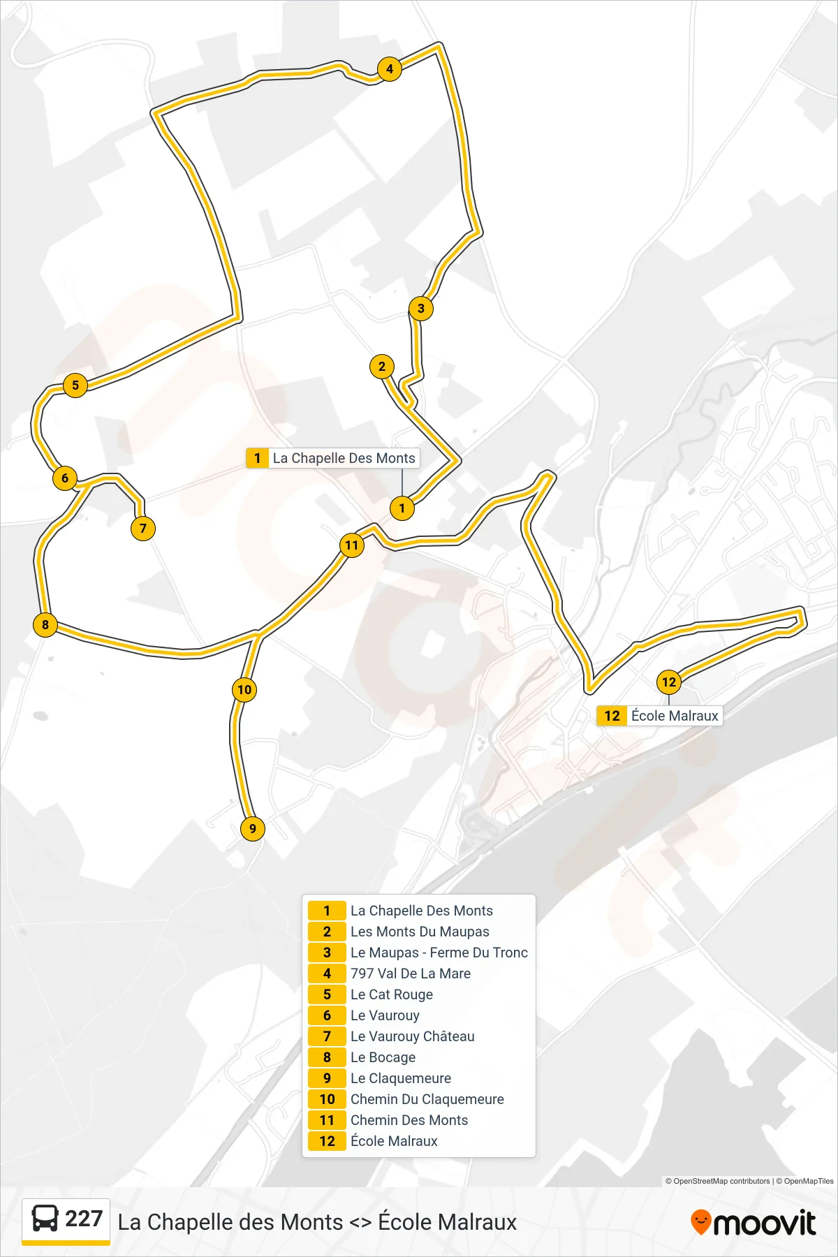 Tracé et arrêts de la ligne 227 de bus (École Malraux Duclair) sur une carte
