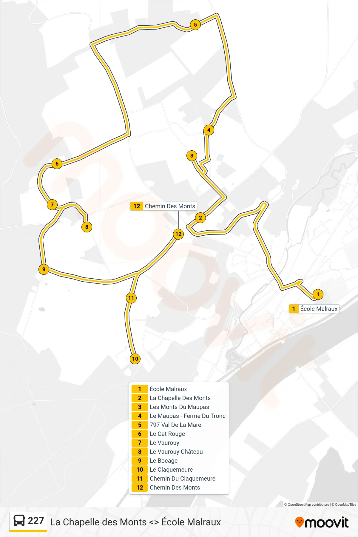 Tracé et arrêts de la ligne 227 de bus (Chemin Des Monts Duclair) sur une carte