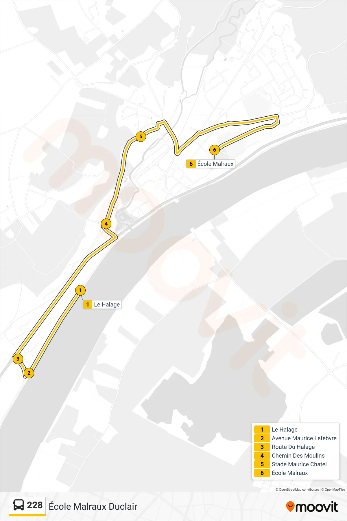 Tracé et arrêts de la ligne 228 de bus (École Malraux Duclair) sur une carte