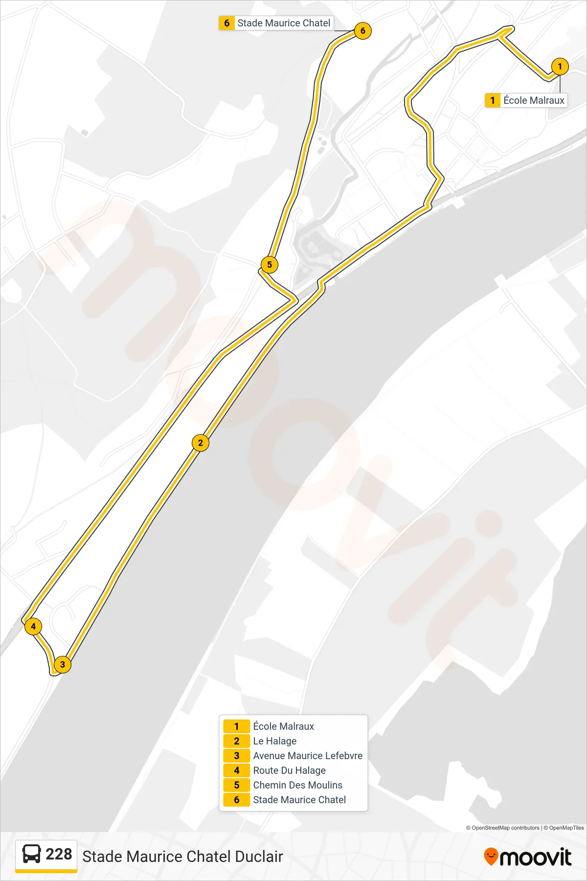 Tracé et arrêts de la ligne 228 de bus (Stade Maurice Chatel Duclair) sur une carte