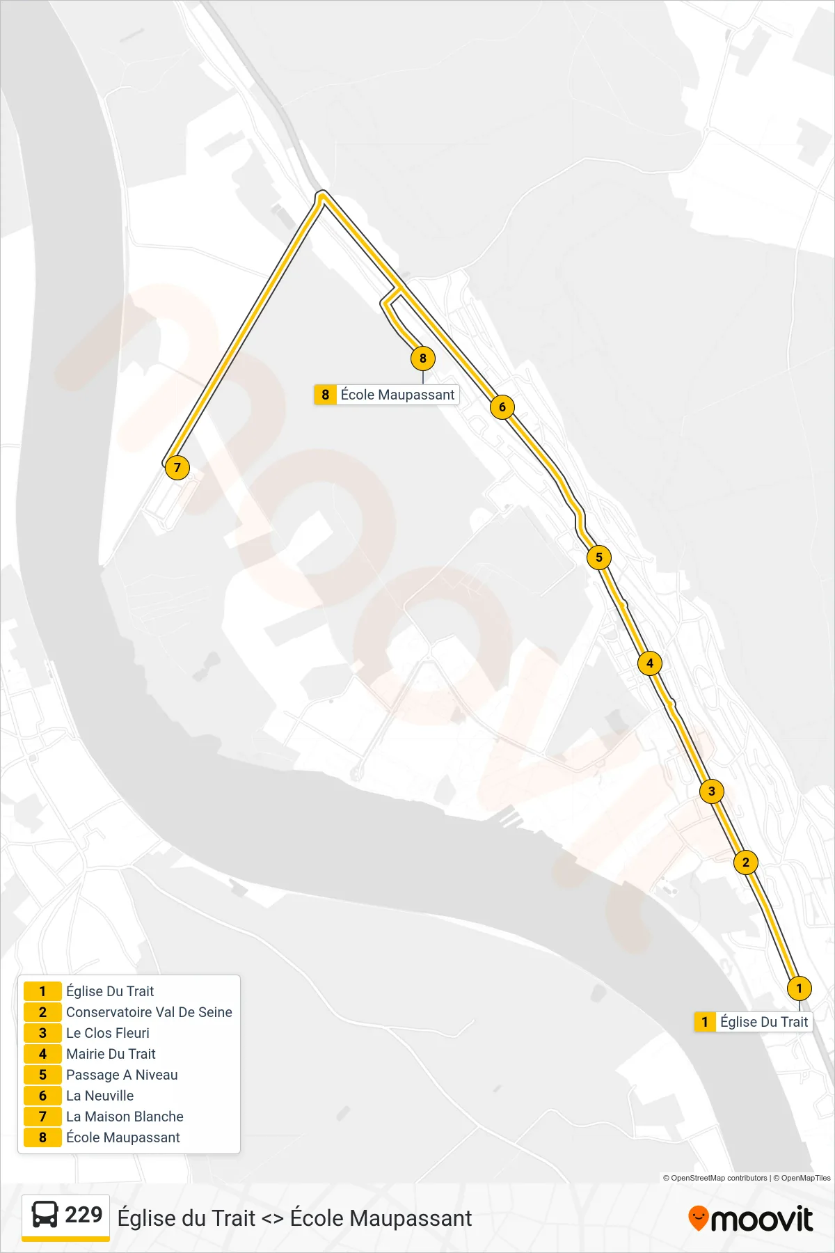 Tracé et arrêts de la ligne 229 de bus (École Maupassant Le Trait) sur une carte