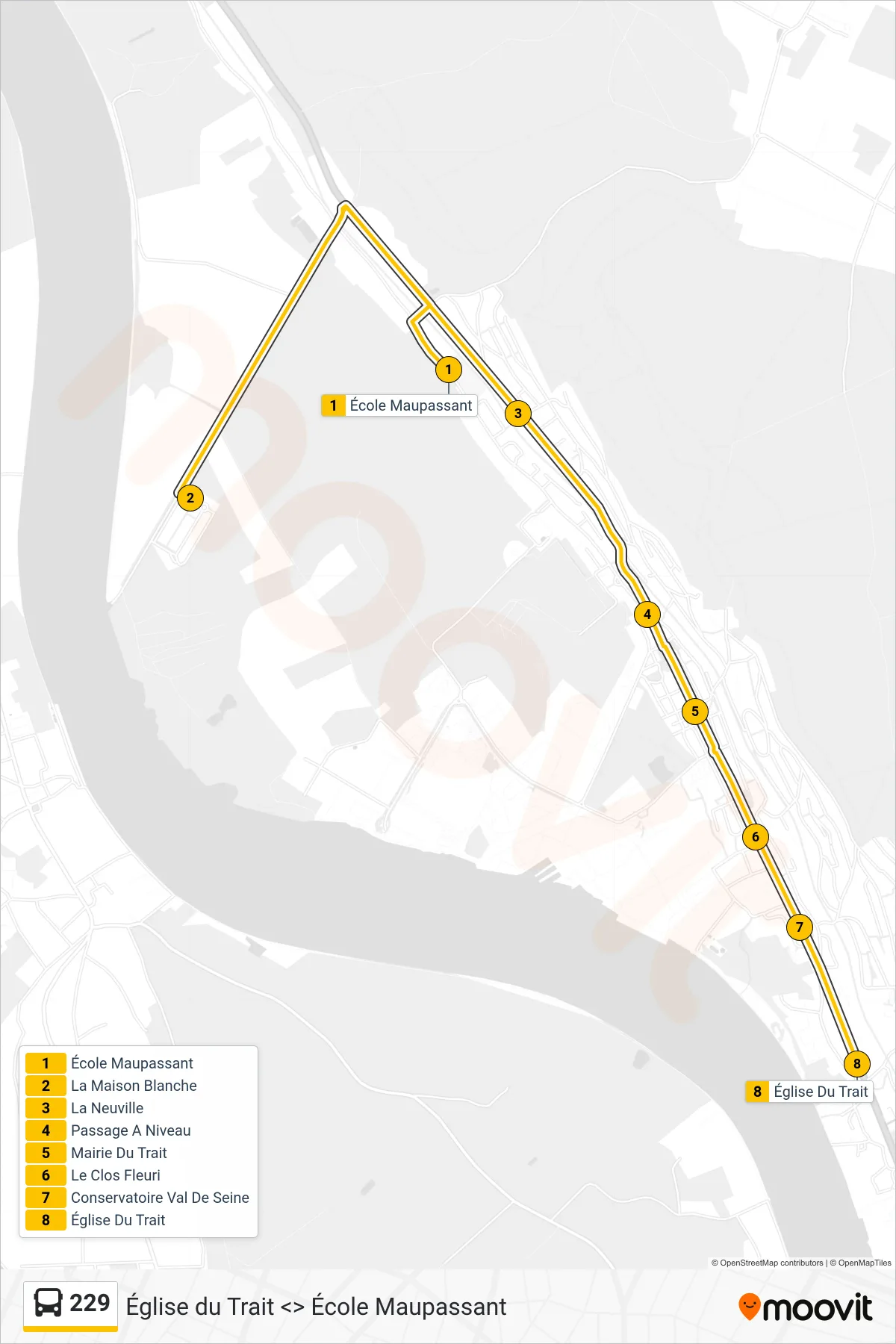 Tracé et arrêts de la ligne 229 de bus (Église Du Trait Le Trait) sur une carte