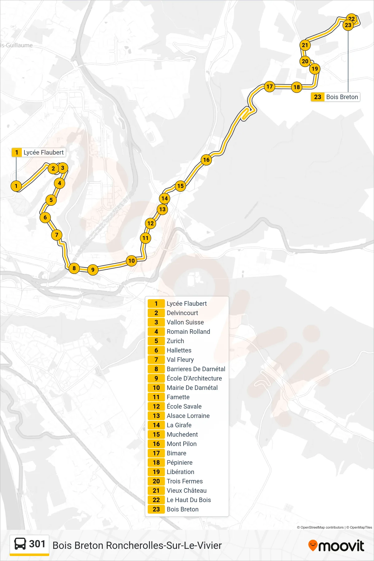 Tracé et arrêts de la ligne 301 de bus (Bois Breton Roncherolles-Sur-Le-Vivier) sur une carte