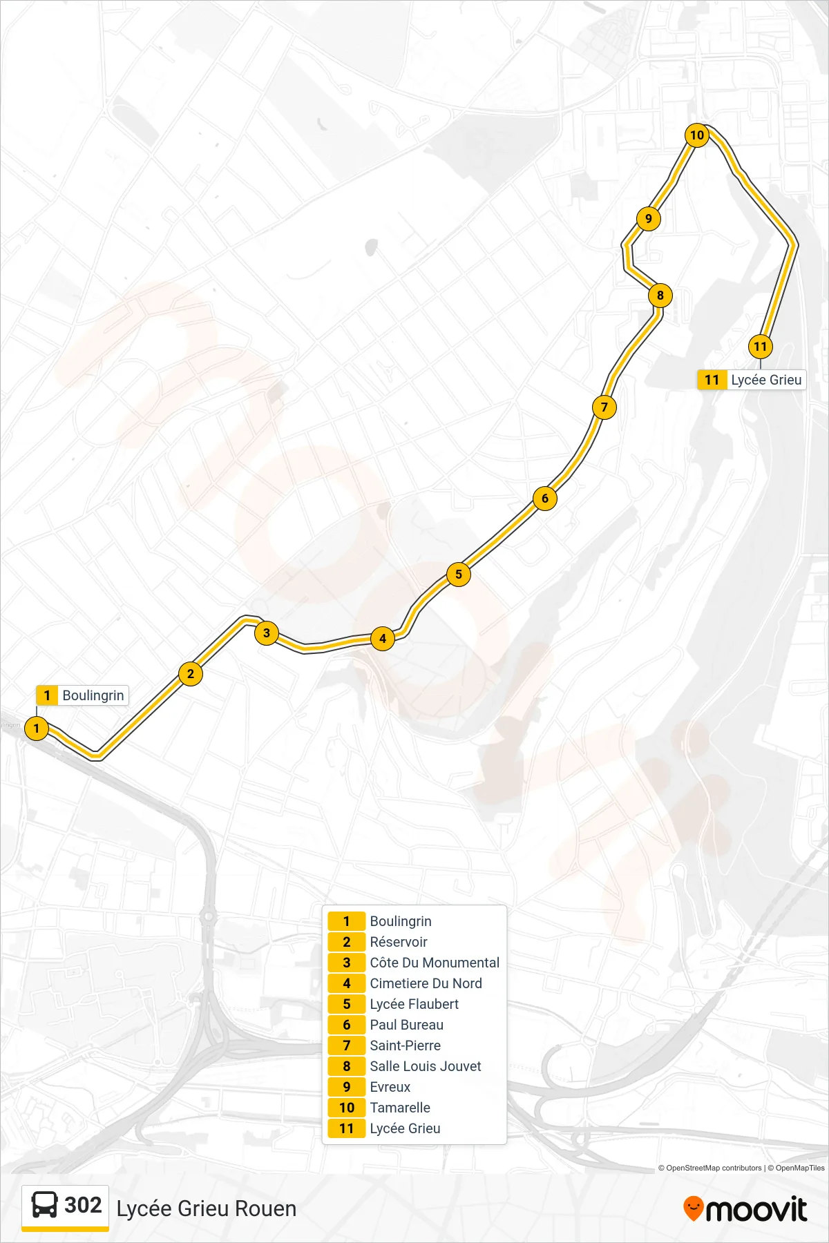 Tracé et arrêts de la ligne 302 de bus (Lycée Grieu Rouen) sur une carte