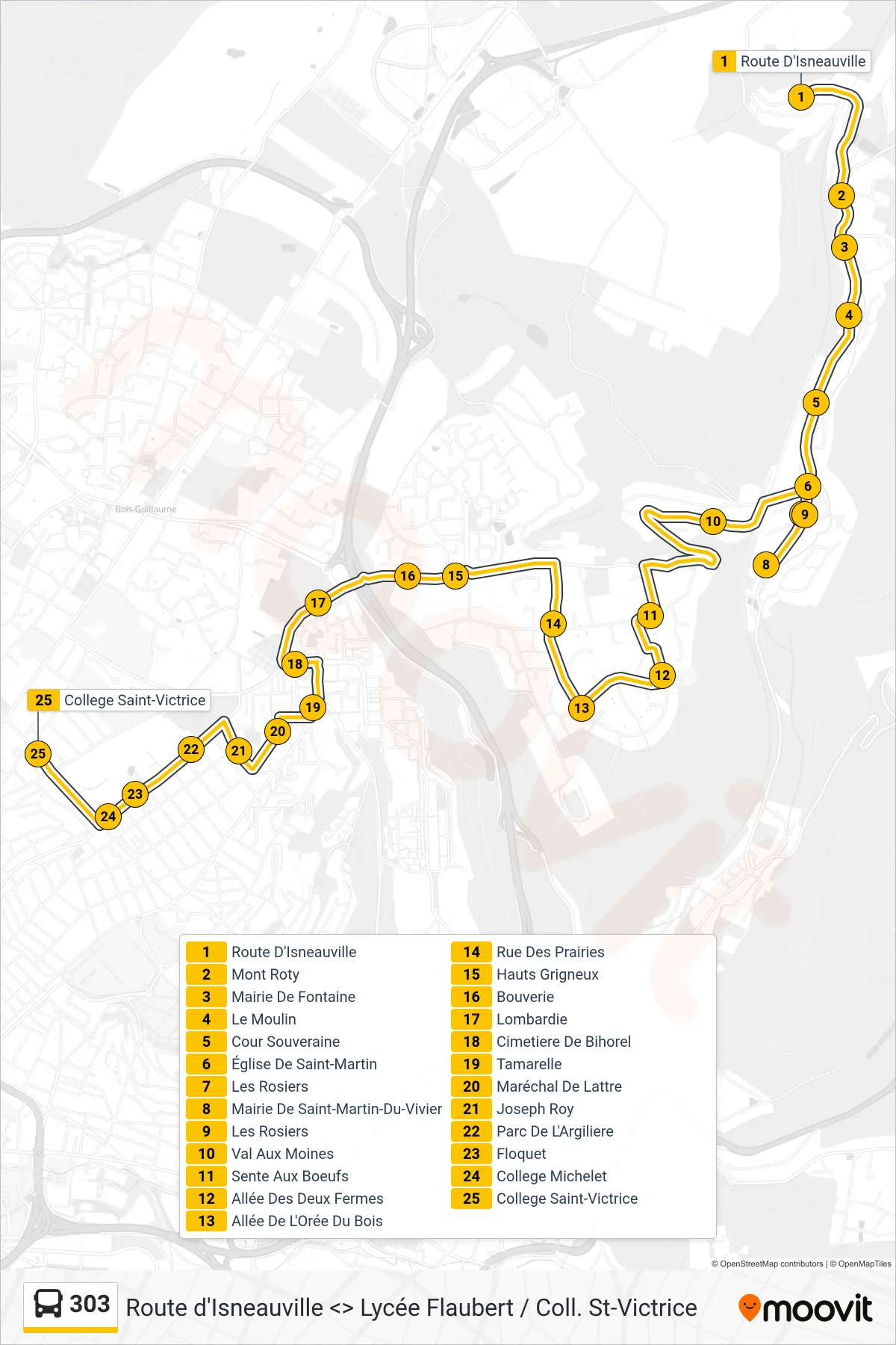 Tracé et arrêts de la ligne 303 de bus (College Saint-Victrice Bihorel) sur une carte