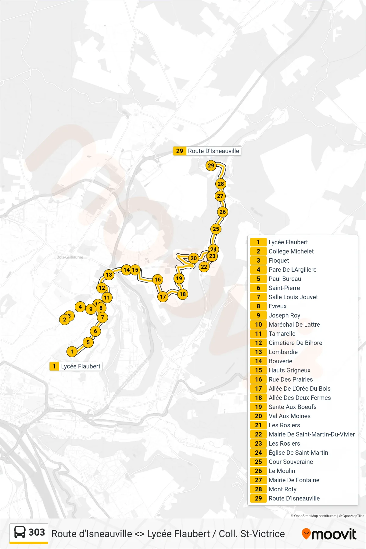 Tracé et arrêts de la ligne 303 de bus (Route D'Isneauville Fontaine-Sous-Préaux) sur une carte