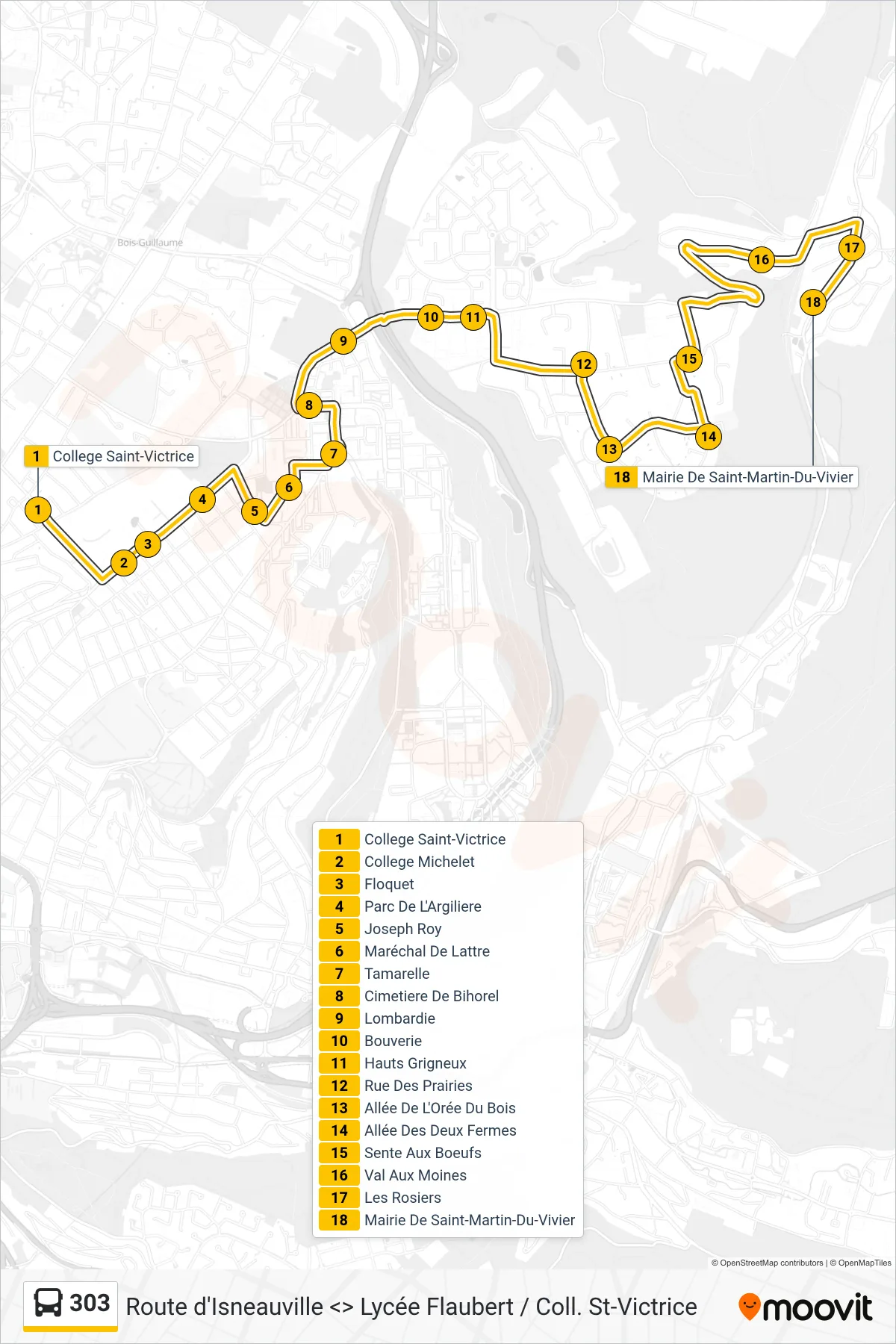 Recorrido y paradas de la línea 303 de autobús (Mairie Saint-Martin-Du-Vivier) en el mapa