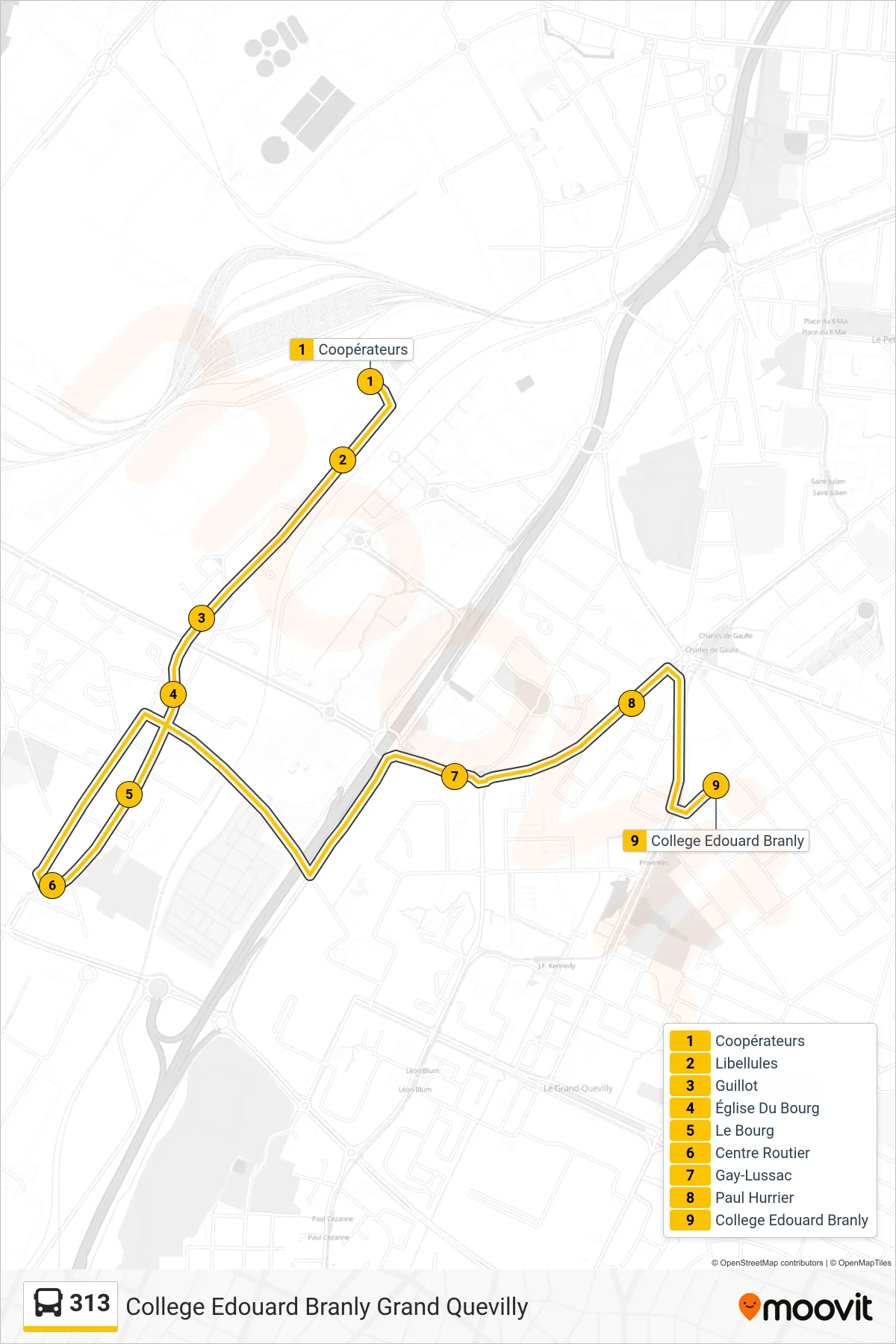 Tracé et arrêts de la ligne 313 de bus (College Edouard Branly Grand Quevilly) sur une carte