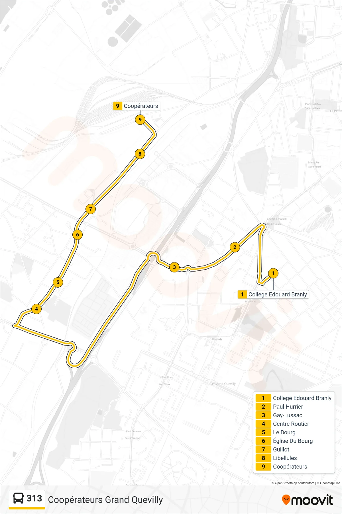 Tracé et arrêts de la ligne 313 de bus (Coopérateurs Grand Quevilly) sur une carte