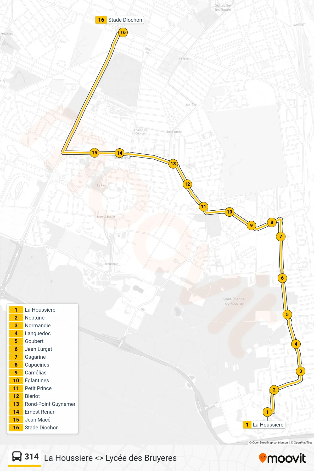 Tracé et arrêts de la ligne 314 de bus (Stade Diochon Petit-Quevilly) sur une carte