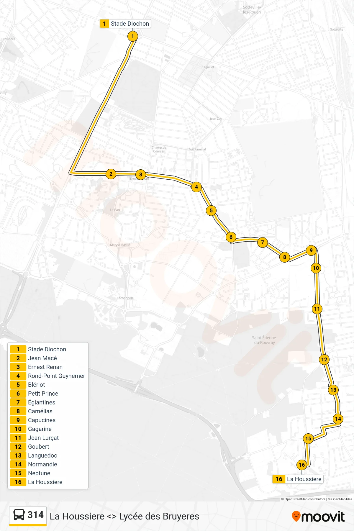 Tracé et arrêts de la ligne 314 de bus (La Houssiere Saint-Étienne-Du-Rouvray) sur une carte