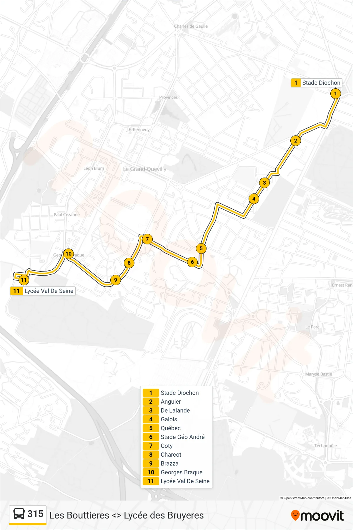Tracé et arrêts de la ligne 315 de bus (Lycée Val De Seine Grand Quevilly) sur une carte
