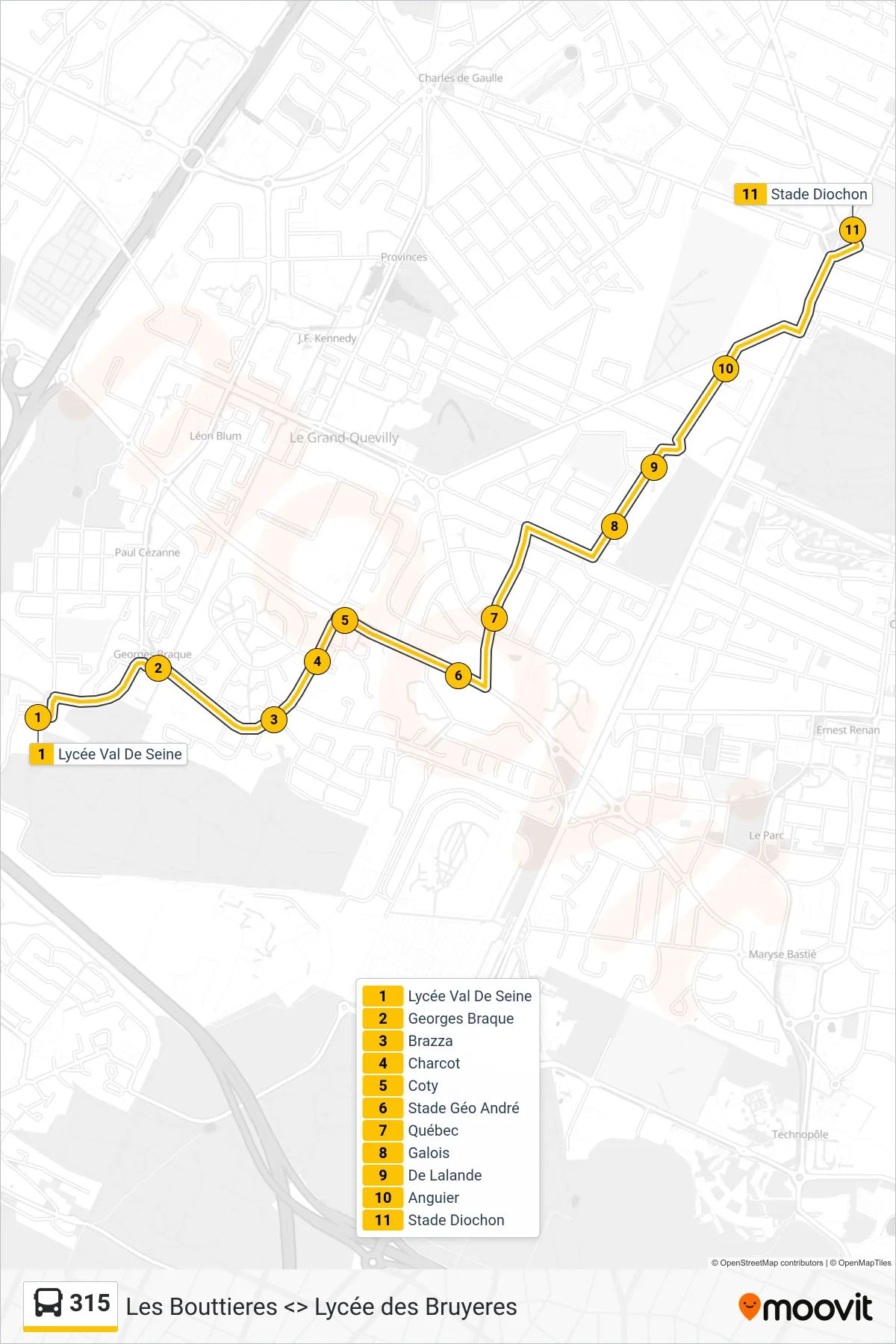 315 bus Line (Stade Diochon Petit-Quevilly) route and stops on a map