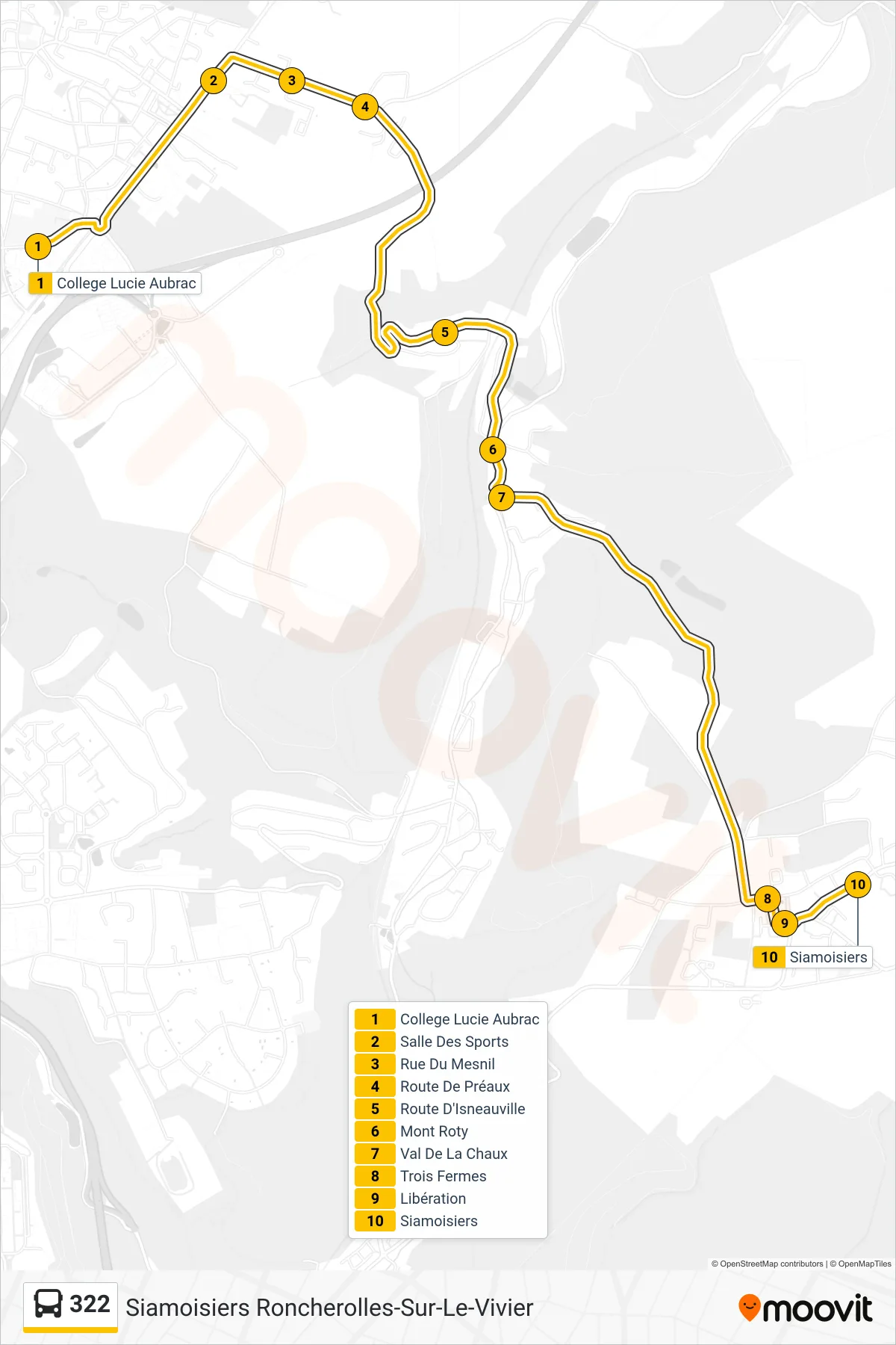Tracé et arrêts de la ligne 322 de bus (Siamoisiers Roncherolles-Sur-Le-Vivier) sur une carte