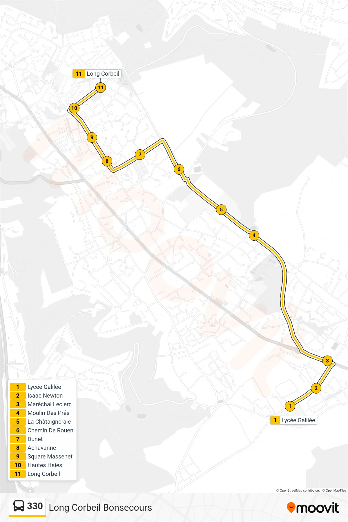 Tracé et arrêts de la ligne 330 de bus (Long Corbeil Bonsecours) sur une carte