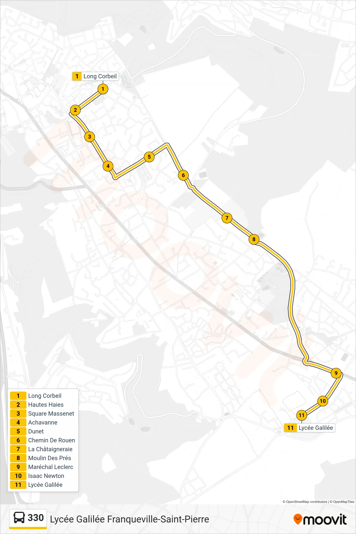 Tracé et arrêts de la ligne 330 de bus (Lycée Galilée Franqueville-Saint-Pierre) sur une carte