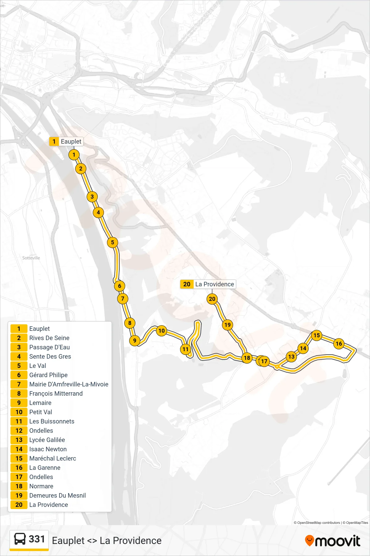 Tracé et arrêts de la ligne 331 de bus (La Providence Mesnil-Esnard) sur une carte