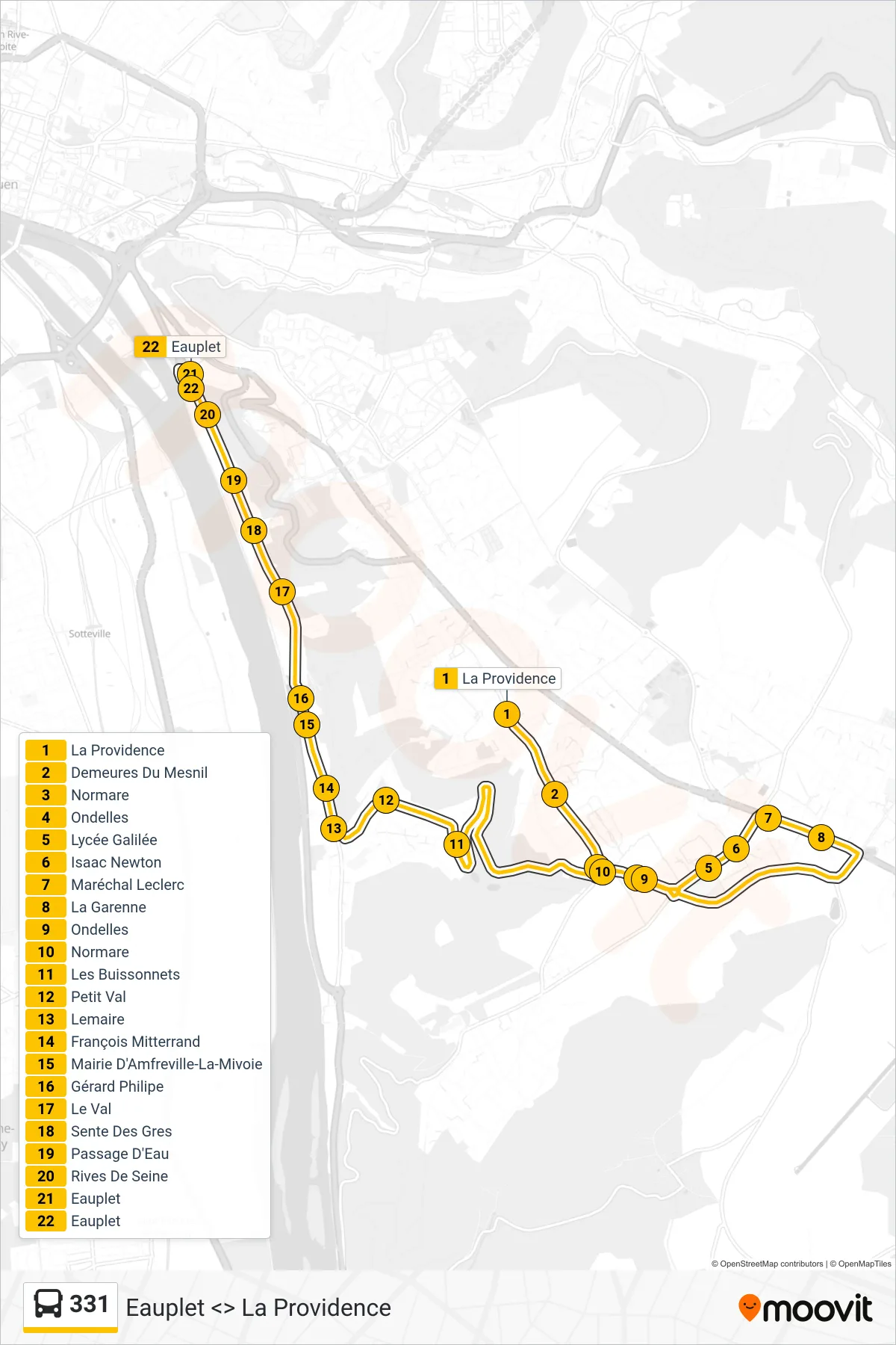 Tracé et arrêts de la ligne 331 de bus (Eauplet Bonsecours) sur une carte