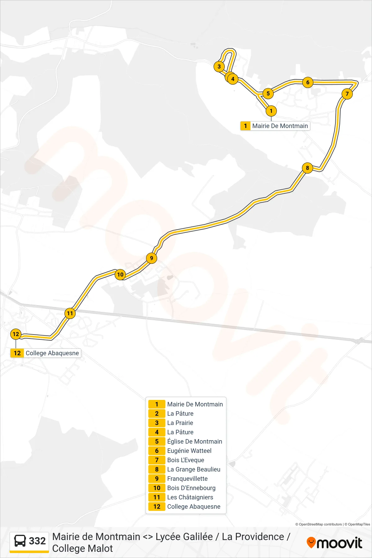 Tracé et arrêts de la ligne 332 de bus (College Abaquesne BOOS) sur une carte