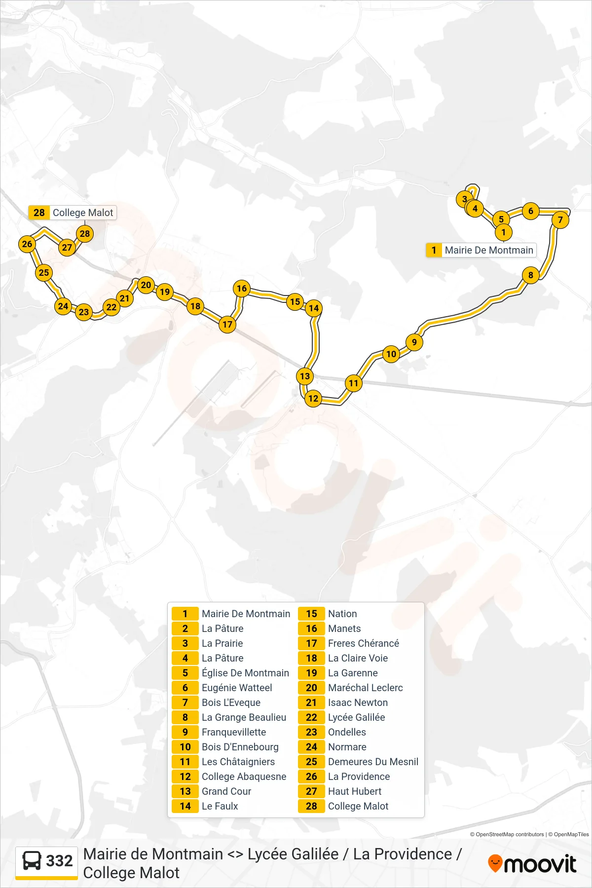 Recorrido y paradas de la línea 332 de autobús (College Malot Mesnil-Esnard) en el mapa
