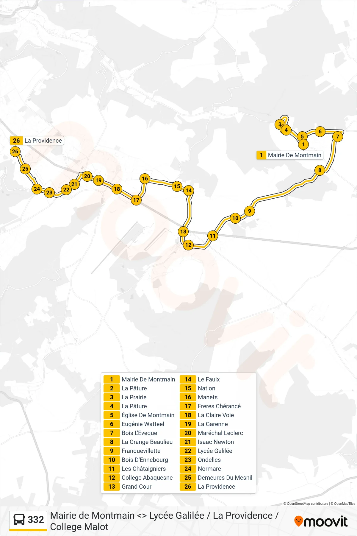 Recorrido y paradas de la línea 332 de autobús (La Providence Mesnil-Esnard) en el mapa