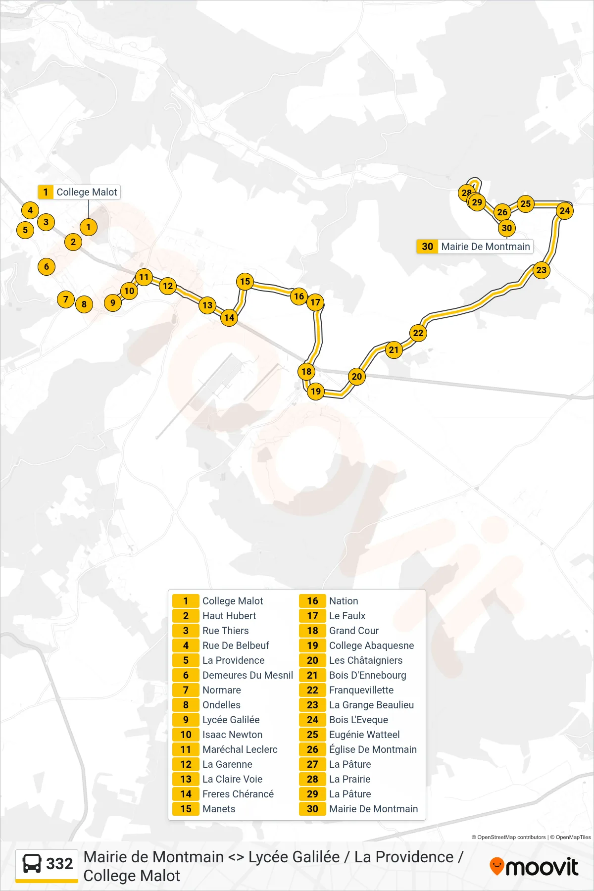Tracé et arrêts de la ligne 332 de bus (Mairie Montmain) sur une carte