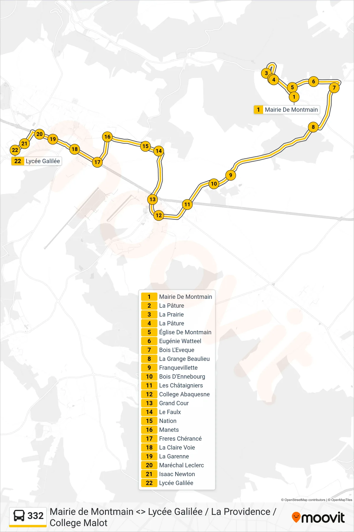 Tracé et arrêts de la ligne 332 de bus (Lycée Galilée Franqueville-Saint-Pierre) sur une carte