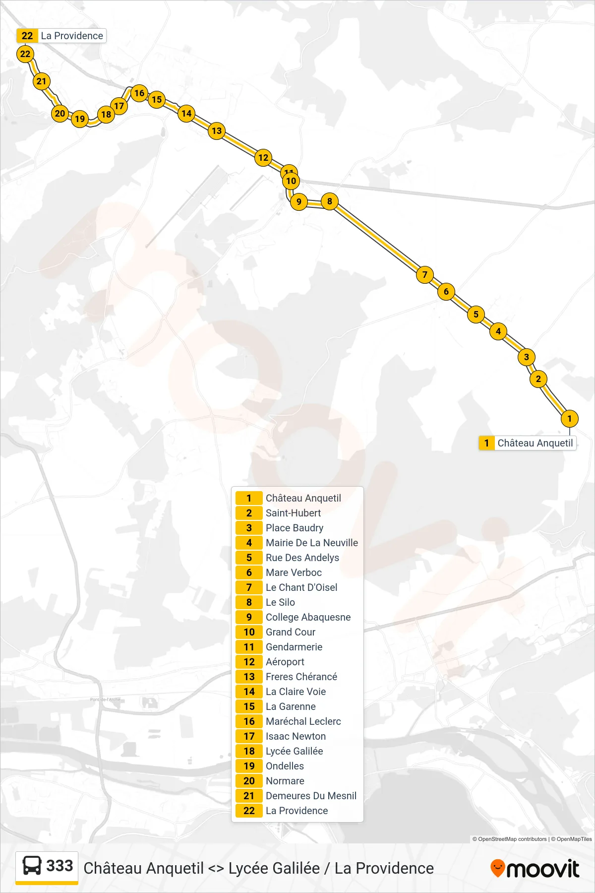 Tracé et arrêts de la ligne 333 de bus (La Providence Mesnil-Esnard) sur une carte