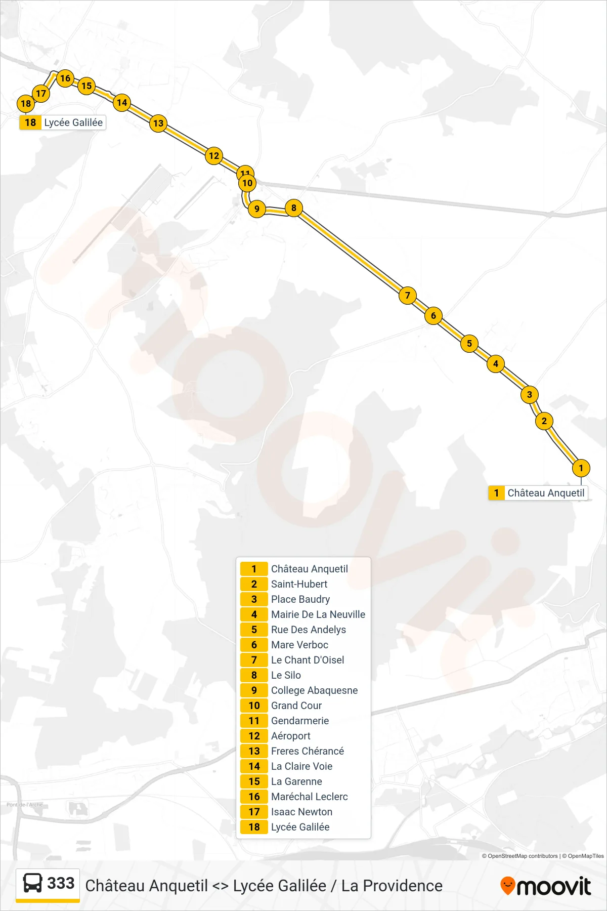 Tracé et arrêts de la ligne 333 de bus (Lycée Galilée Franqueville-Saint-Pierre) sur une carte