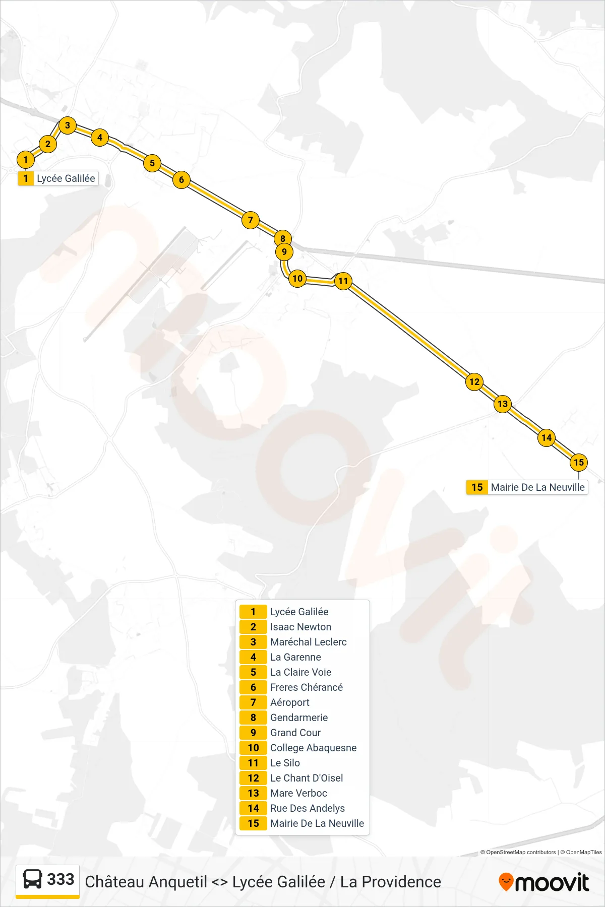 Tracé et arrêts de la ligne 333 de bus (Mairie La Neuville-Chant-D'Oisel) sur une carte