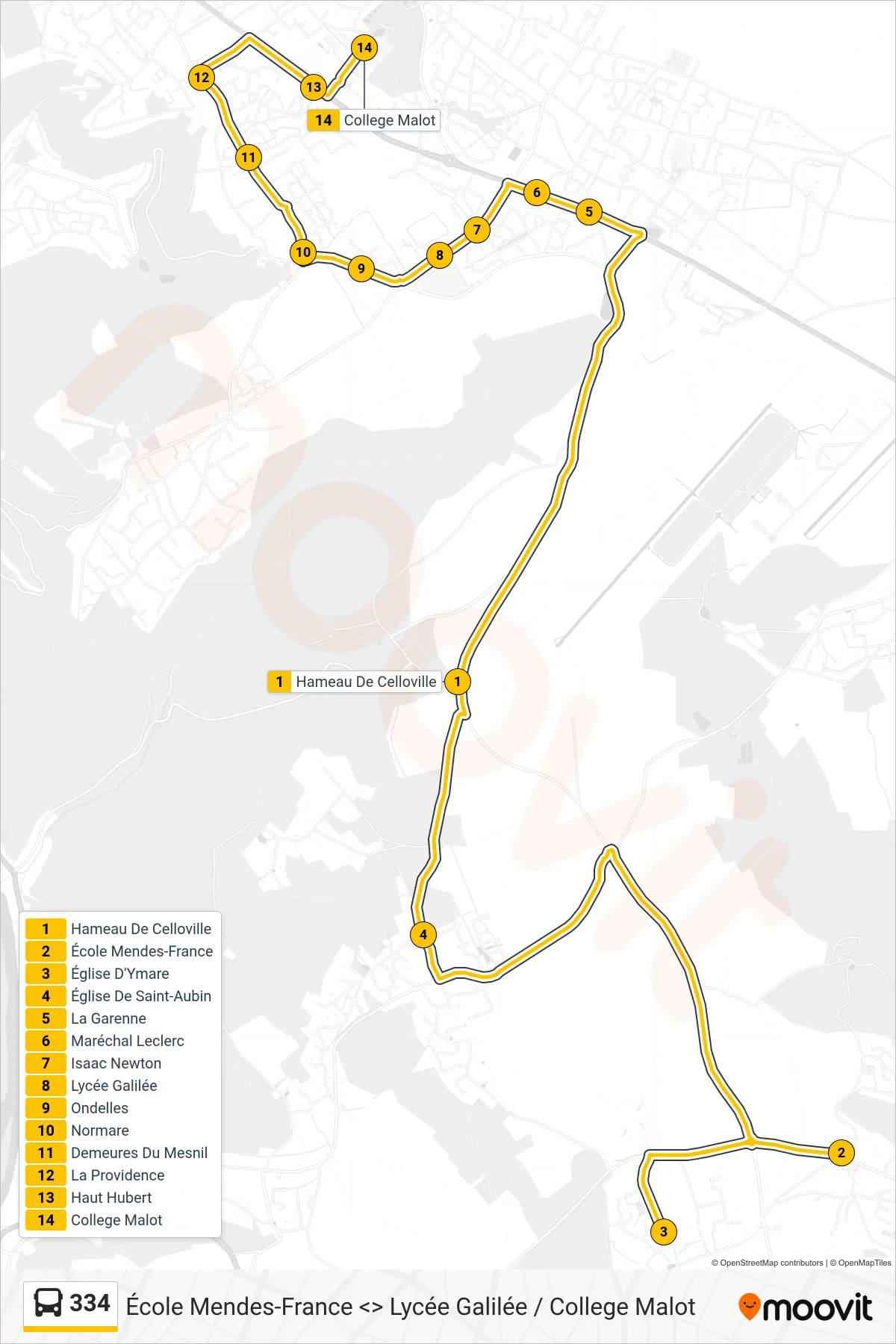 Tracé et arrêts de la ligne 334 de bus (College Malot Mesnil-Esnard) sur une carte