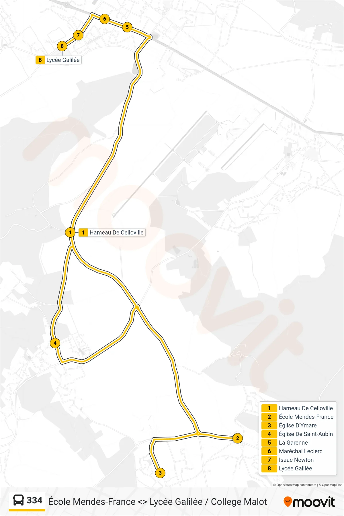 Tracé et arrêts de la ligne 334 de bus (Lycée Galilée Franqueville-Saint-Pierre) sur une carte