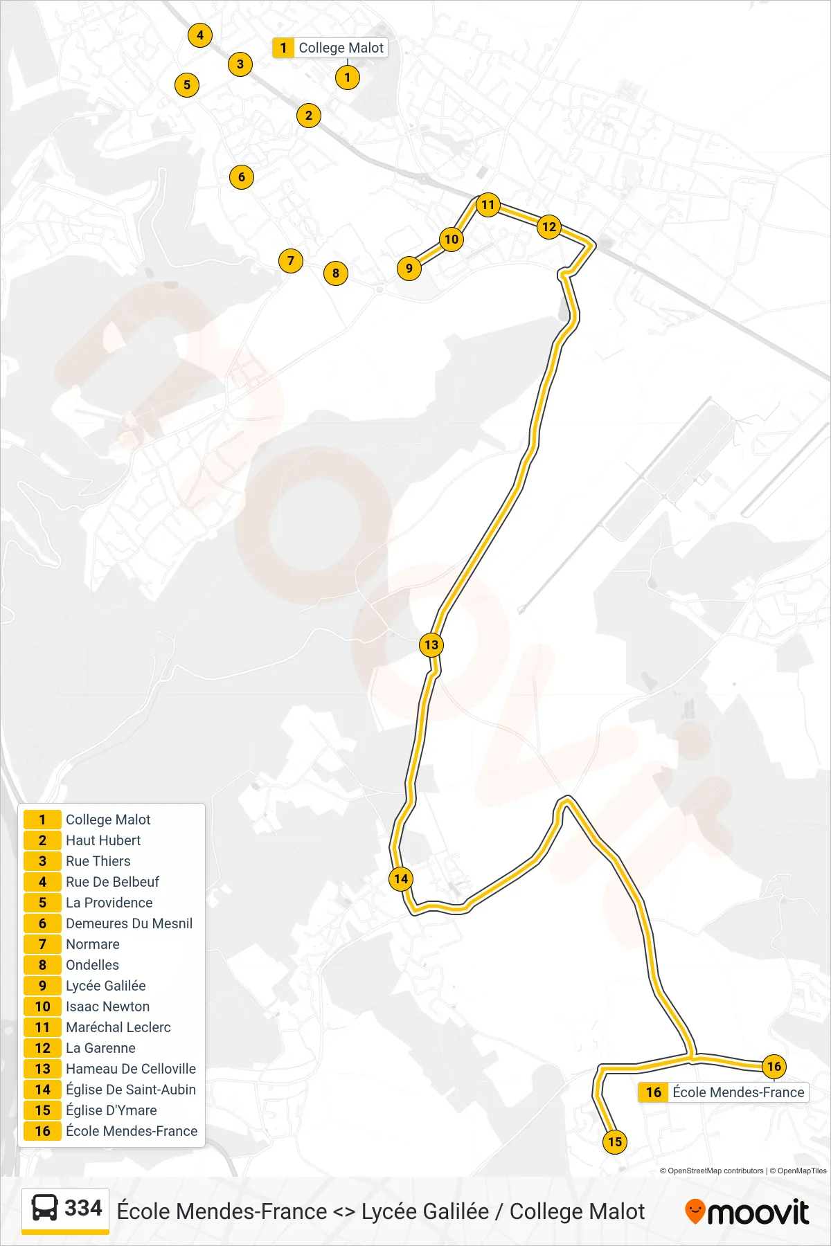 Tracé et arrêts de la ligne 334 de bus (École Mendes-France Quévreville-La-Poterie) sur une carte