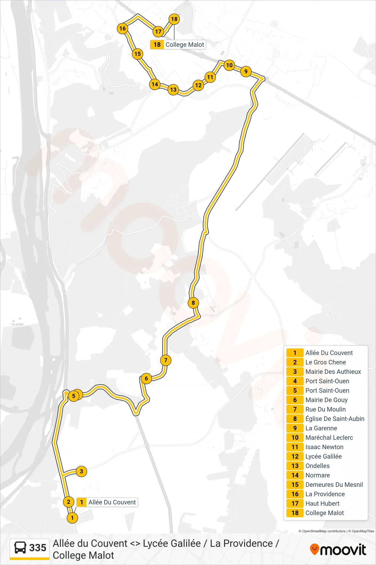 Tracé et arrêts de la ligne 335 de bus (College Malot Mesnil-Esnard) sur une carte