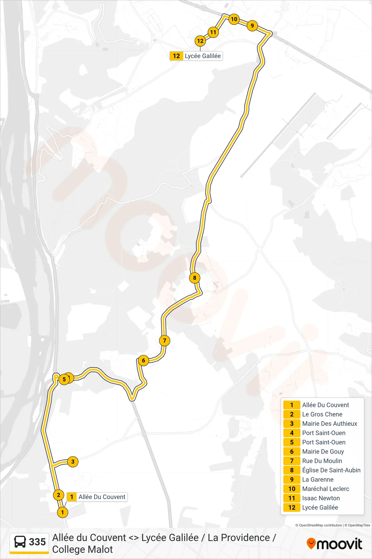 Tracé et arrêts de la ligne 335 de bus (Lycée Galilée Franqueville-Saint-Pierre) sur une carte
