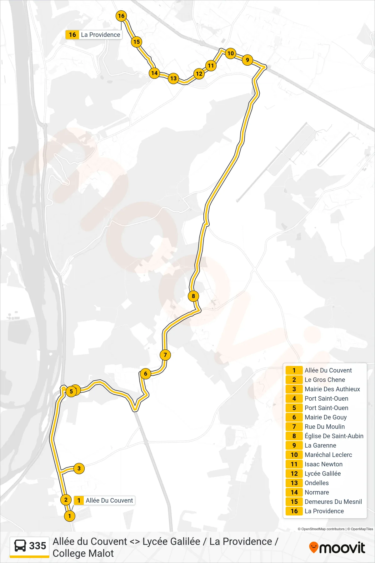 Recorrido y paradas de la línea 335 de autobús (La Providence Mesnil-Esnard) en el mapa