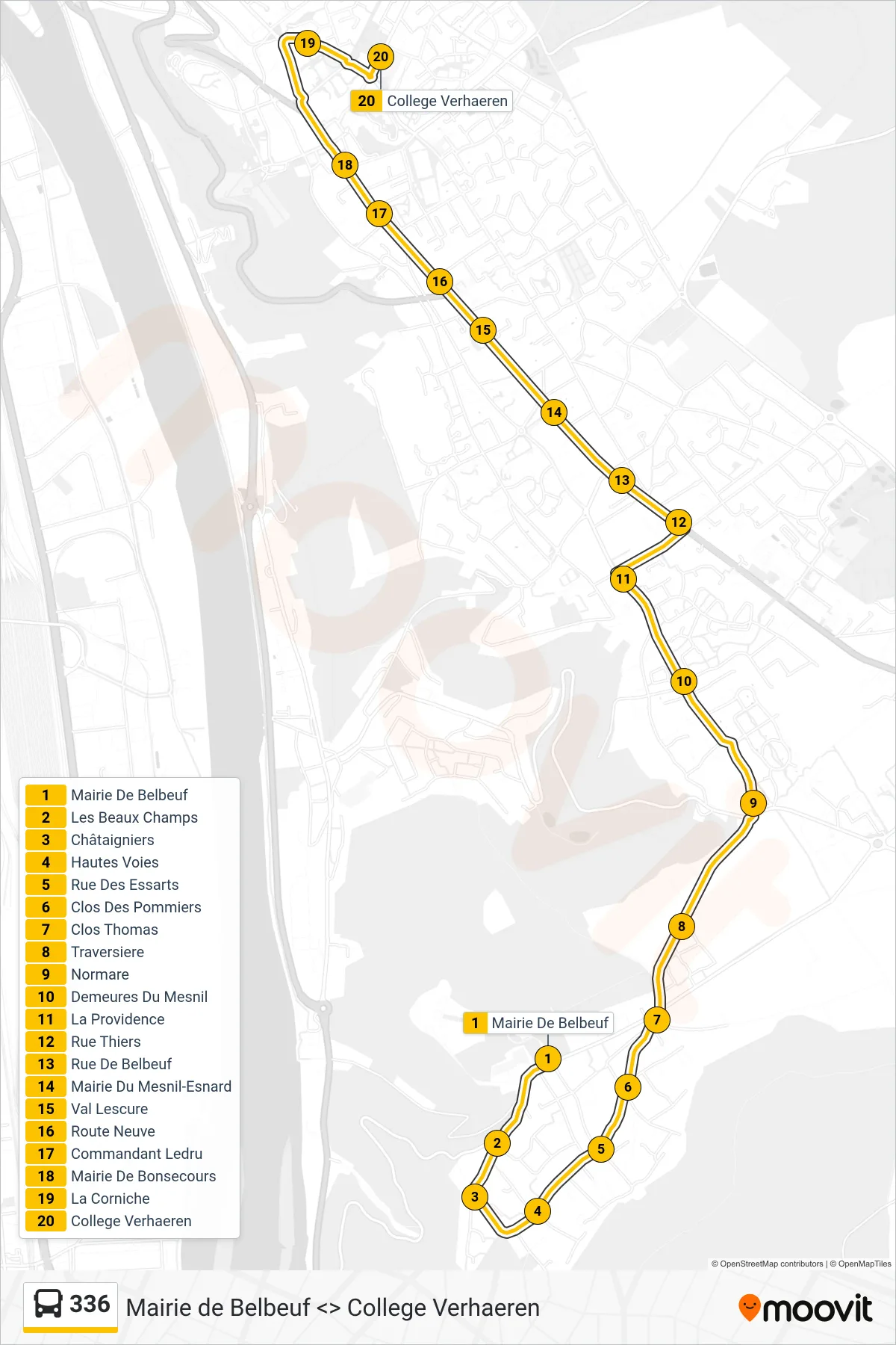 336 bus Line (College Verhaeren Bonsecours) route and stops on a map