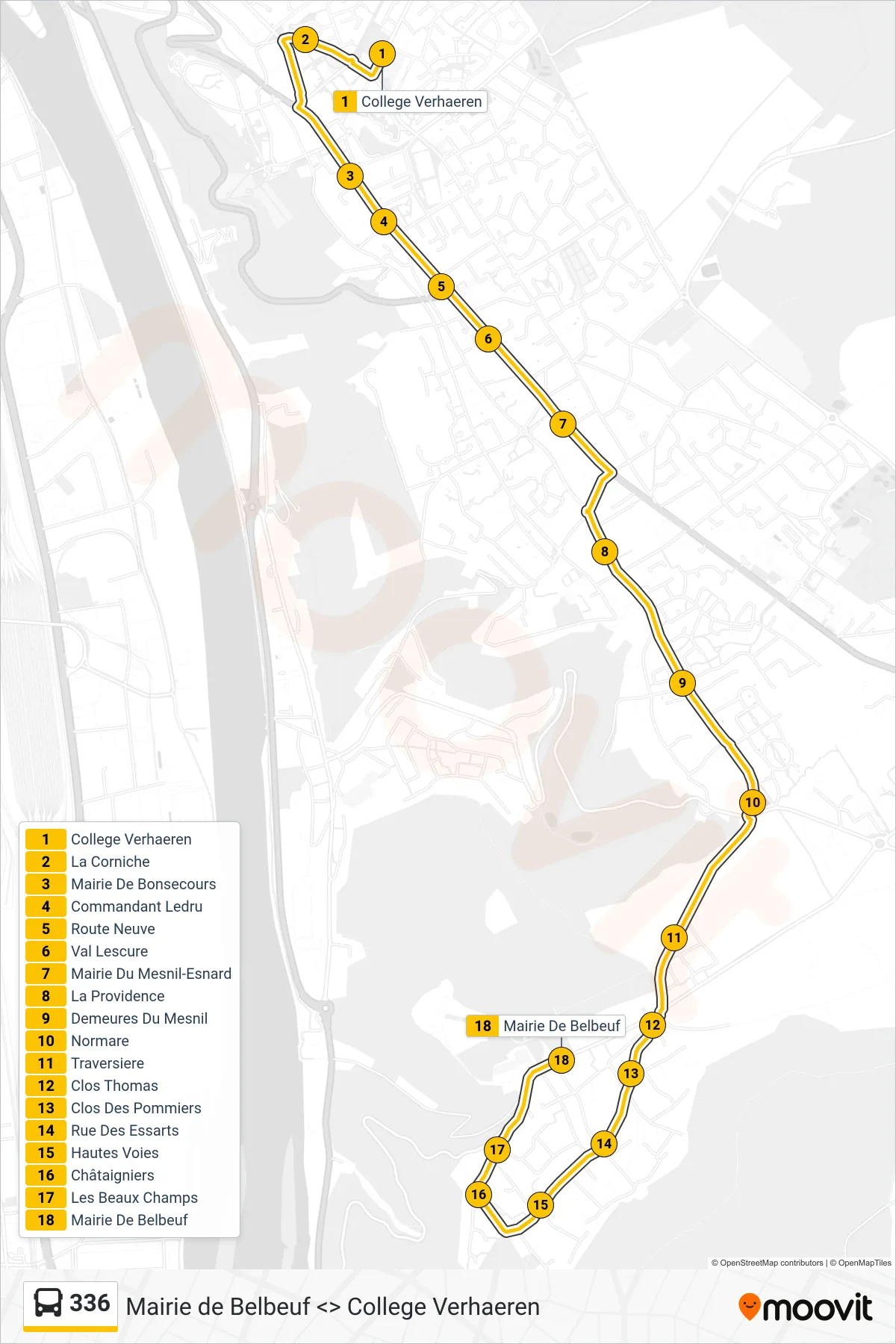 Tracé et arrêts de la ligne 336 de bus (Mairie Belbeuf) sur une carte
