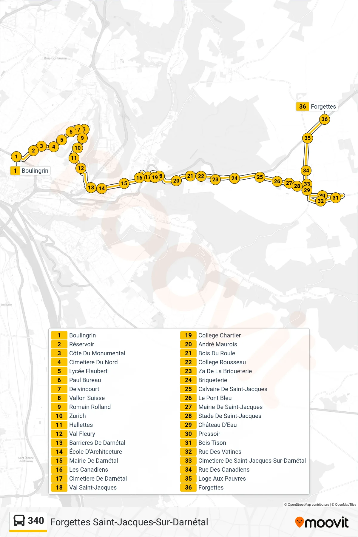 Tracé et arrêts de la ligne 340 de bus (Forgettes Saint-Jacques-Sur-Darnétal) sur une carte